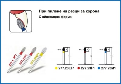 Диамантено борче при пилене на резци за корона, с яйцевидна форма